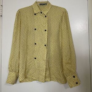 Vintage 80's Louis Feraud yellow silk paisley print double button up blouse US 8